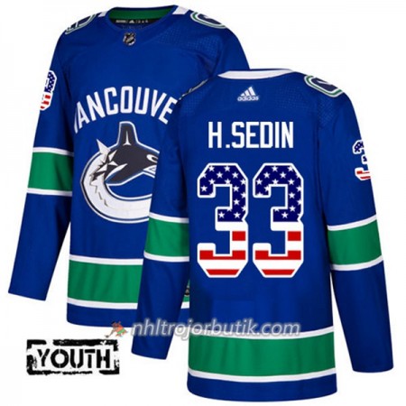 Barn Ishockey Vancouver Canucks Tröja Henrik Sedin 33 Adidas 2017-2018 Blå USA Flag Fashion Authentic